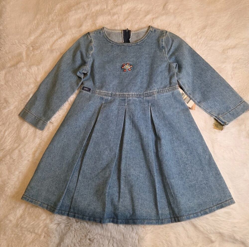 Vintage NWT Lee Girls Denim Dress Loose Fit Pleated Size 5 Daisies 90s Deadstock
